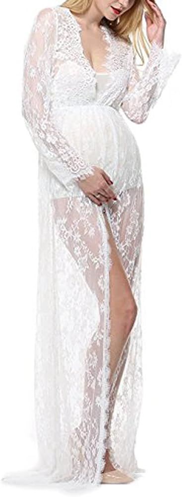 Pregnant Women Photography Lace Dress, White See-Through Maxi Dress with Long Sleeve V-Neck Split Fr | Amazon (US)