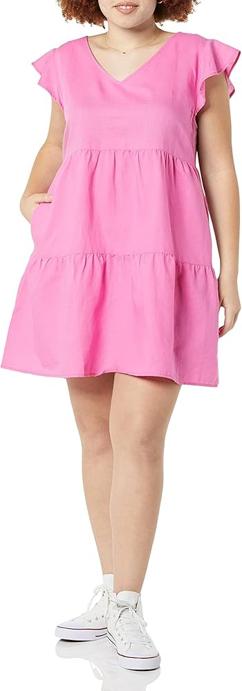 Goodthreads Women's Relaxed-Fit Washed Linen Blend Flutter Sleeve Peasant Dress | Amazon (US)