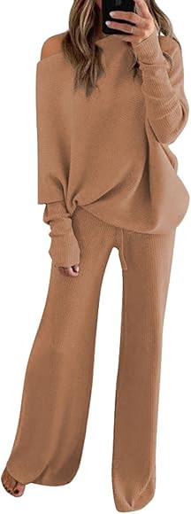 Fixmatti Women Knitted Outfits High Neck Sweater Wide Leg Pant Set 2 Pieces Sweatsuit | Amazon (US)