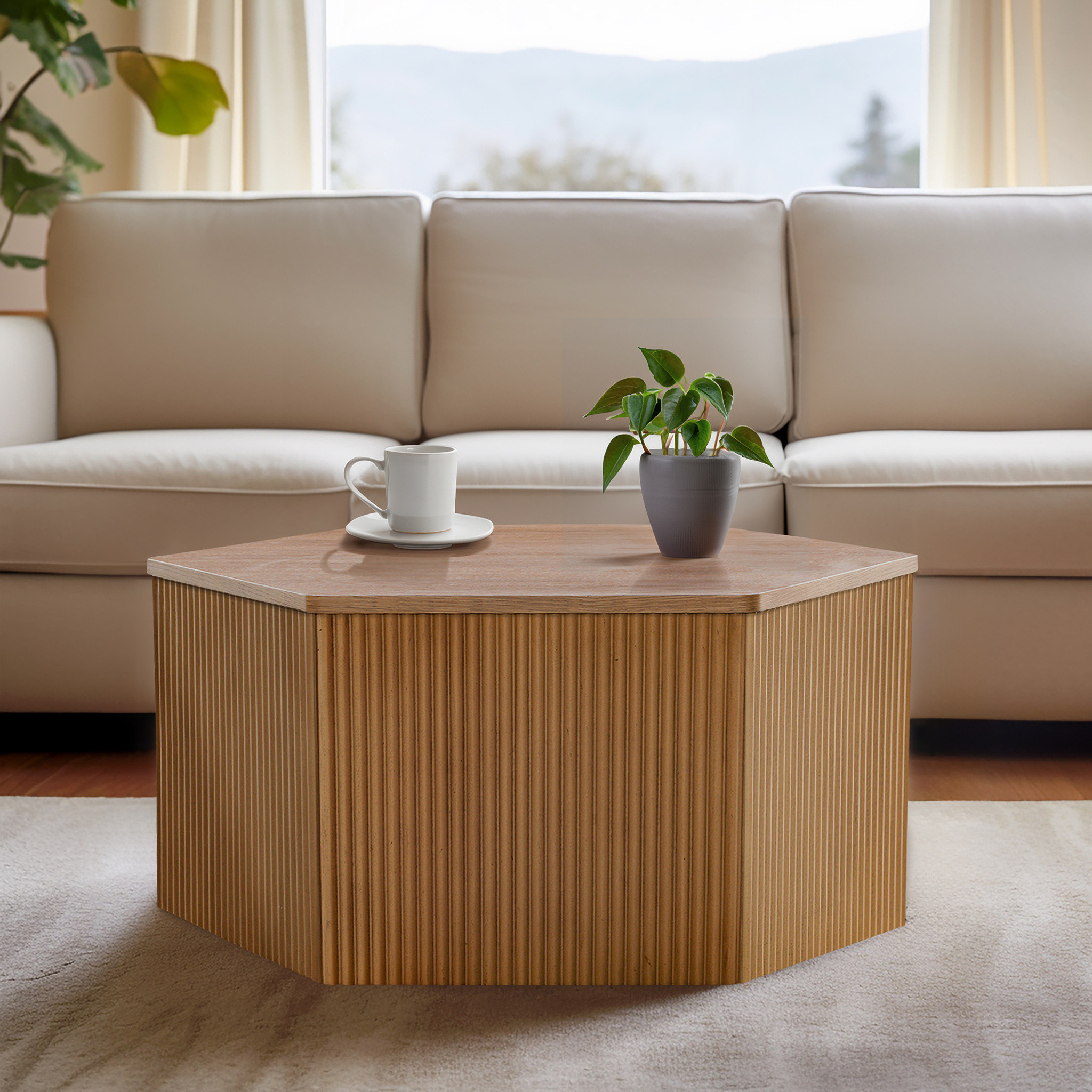 Honey Fluted Hexagon Coffee Table In Natural | 1stopbedrooms