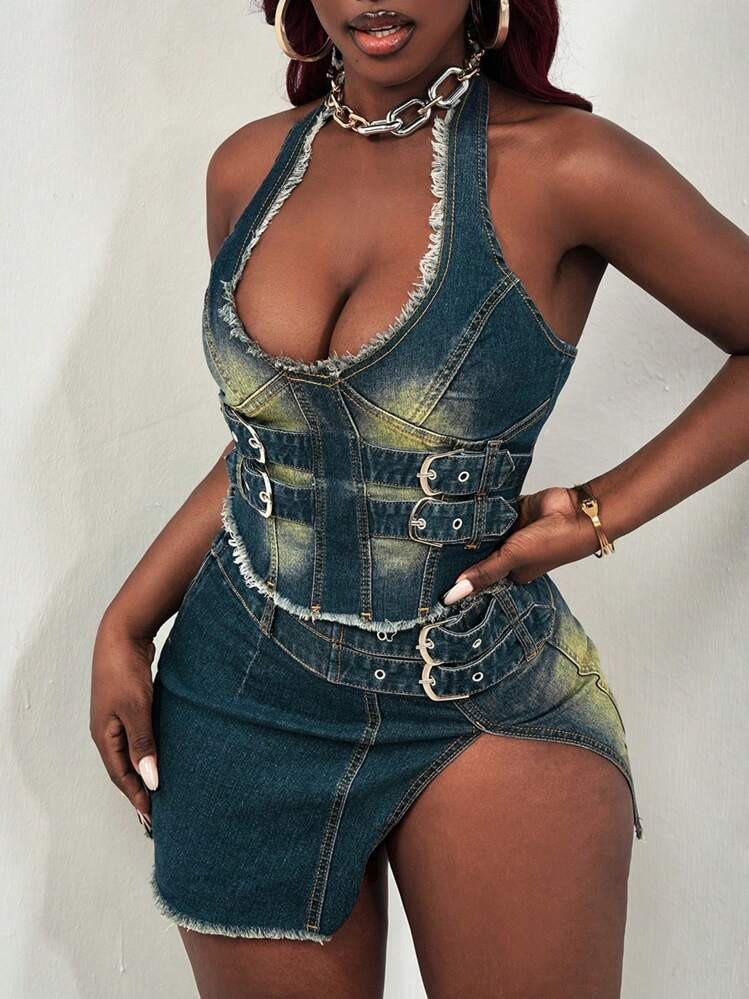 Slaydiva Women's Denim Mini Skirt, Sexy Ultra Low Waist, Blue | SHEIN