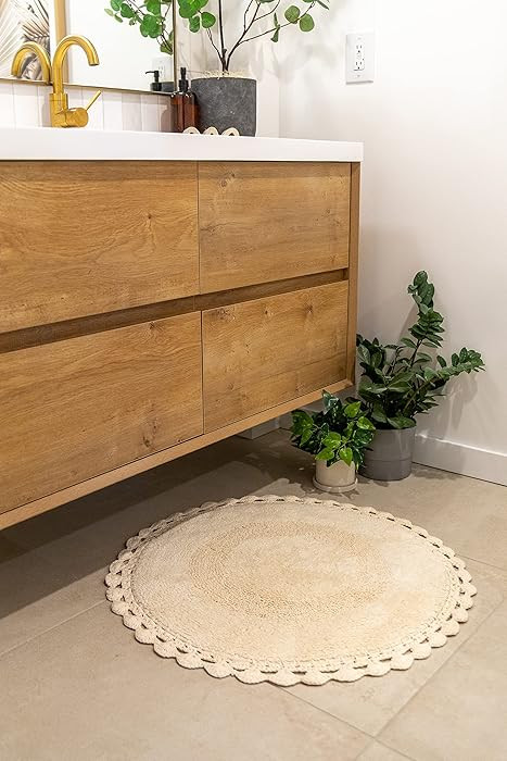 Unique Round Boho Bath Mat with Crochet Contour - 100% Cotton Bathroom Rugs -Reversible - Decorat... | Amazon (US)