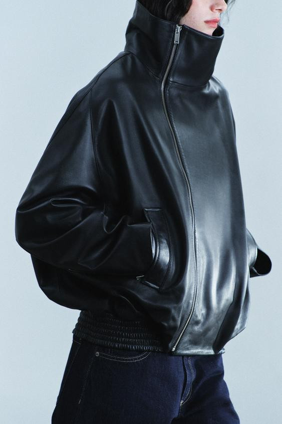Zara - 100% Leather Zip-Up Jacket Zw Collection - Black - Xs - Woman | Zara US