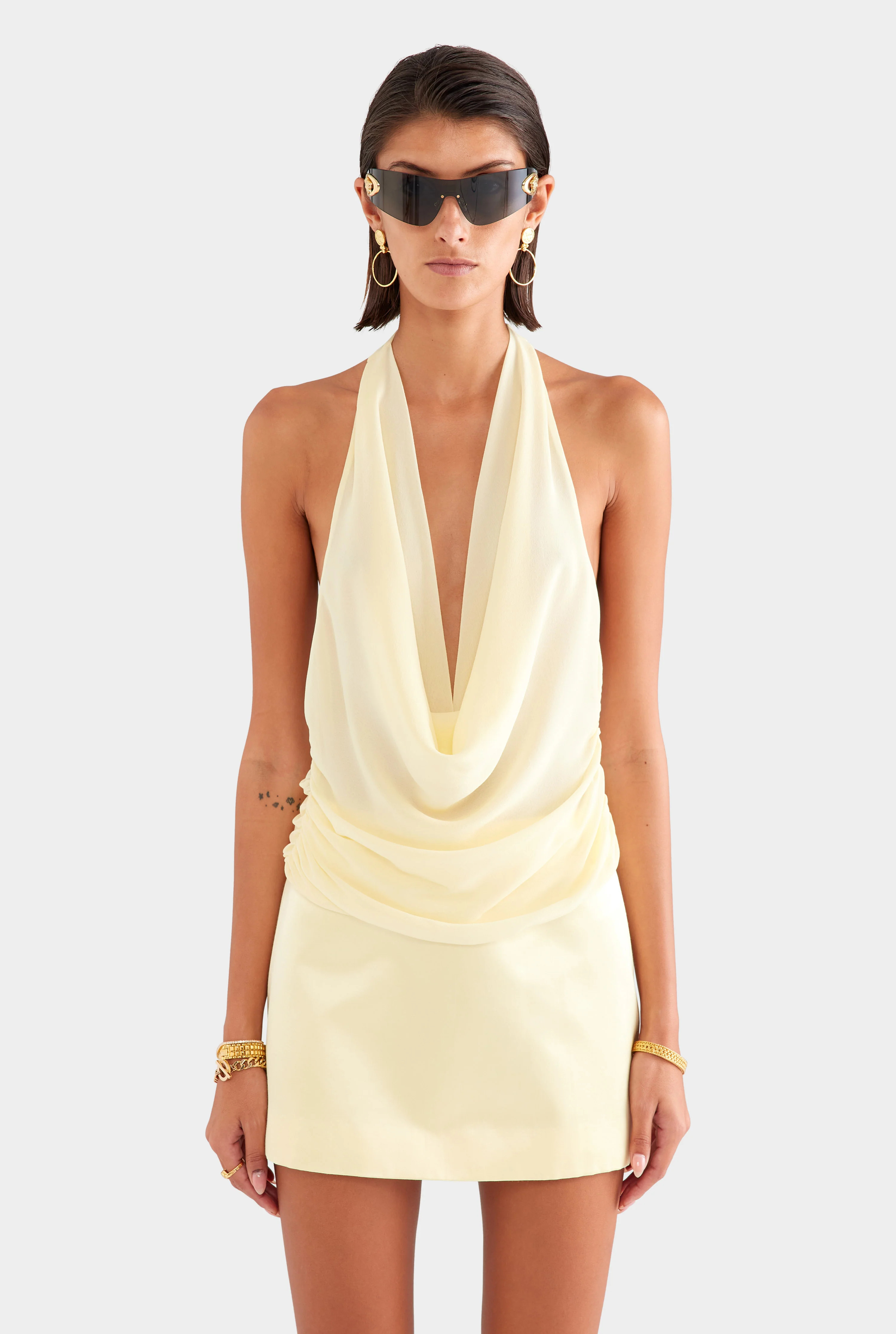 Deep Cowl Sheer Silk Halter in Pastel Yellow | Venroy | Venroy AU