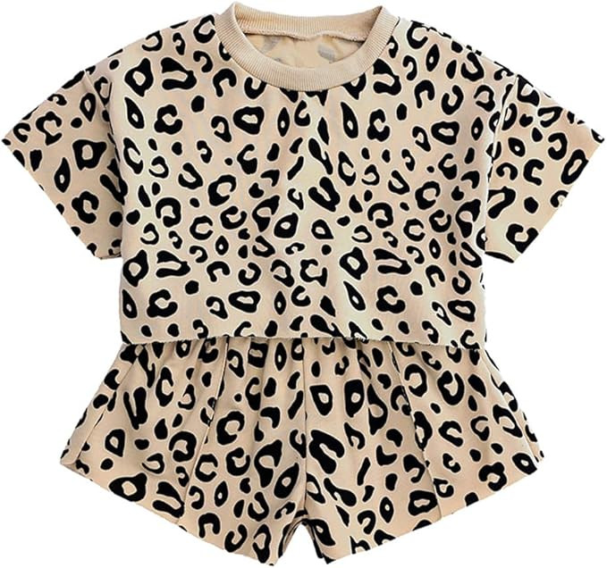 Cute Girls 2Pcs Leopard Outfits Set Summer Short Sleeve T-Shirt + Shorts Clothes | Amazon (US)