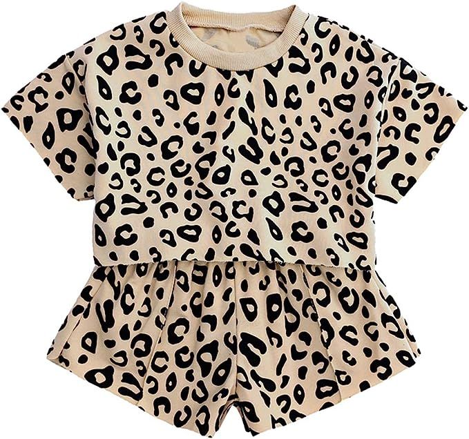 Cute Girls 2Pcs Leopard Outfits Set Summer Short Sleeve T-Shirt + Shorts Clothes | Amazon (US)