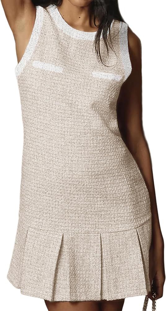 Hooever Women's Tweed Dress Sleeveless Stripe Round Neck Skirt Elegant A-Line Pleated Mini Dress | Amazon (US)