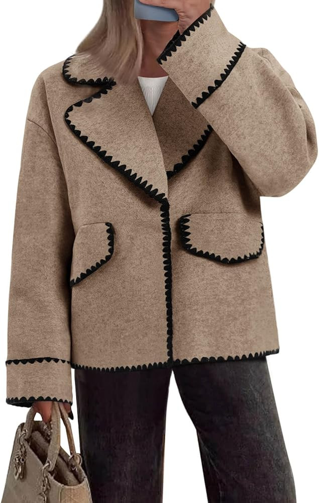 Cicy Bell Womens Cropped Wool Jacket Embroidered Contrast Trims Blazer Fall Short Pea Coat with P... | Amazon (US)