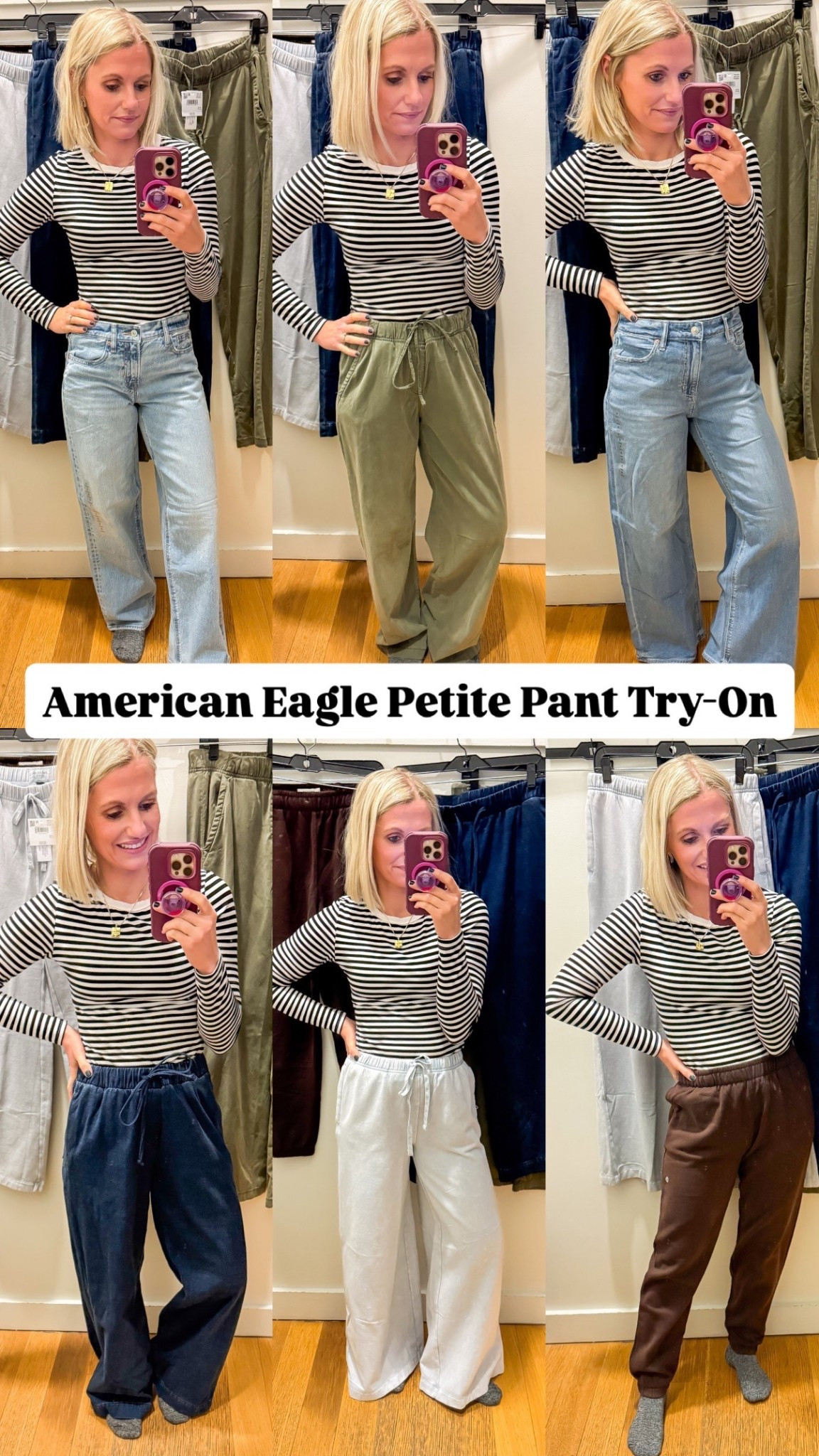 American Eagle In-store pant try on! I am 5’1. Here is what I tried on 👇
1.) Stovepipe straight leg- 0/regular
2.) Wide-leg pull on- xs
3.) Dreamy drape wide-leg- 0/short
4.) Cozy dreamy drape wide-leg- xs
5.) Everyday luxe sweatpants- xs
6.) Aerie joggers- xs