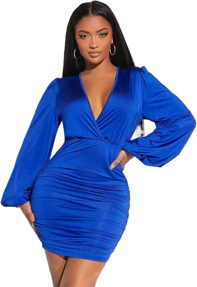 Womens Summer Deep V Neck Sexy Lantern Sleeve Ruched Bodycon Dress Short Dresses (Color : Royal B... | Amazon (US)