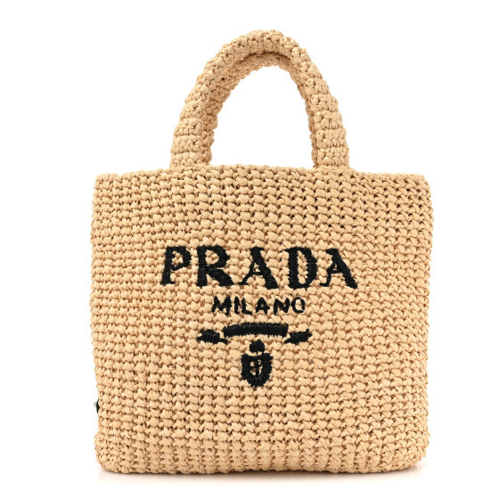 Yarn Raffia Effect Crochet Embroidered Small Logo Tote Naturale | FASHIONPHILE (US)