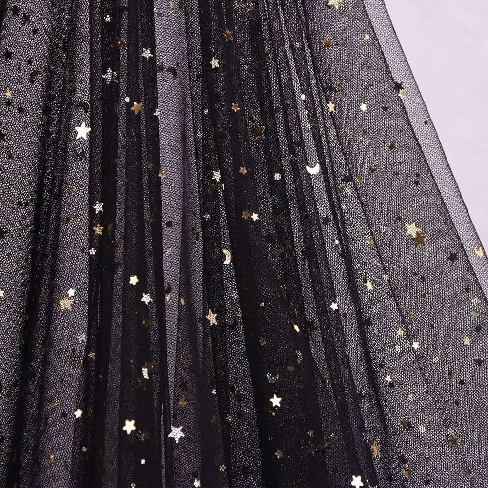 SHAYUAN 54" x 8 Yards Black Glitter Tulle Fabric Rolls Golden Stars and Moon Sequin Soft Tulle Ri... | Amazon (US)