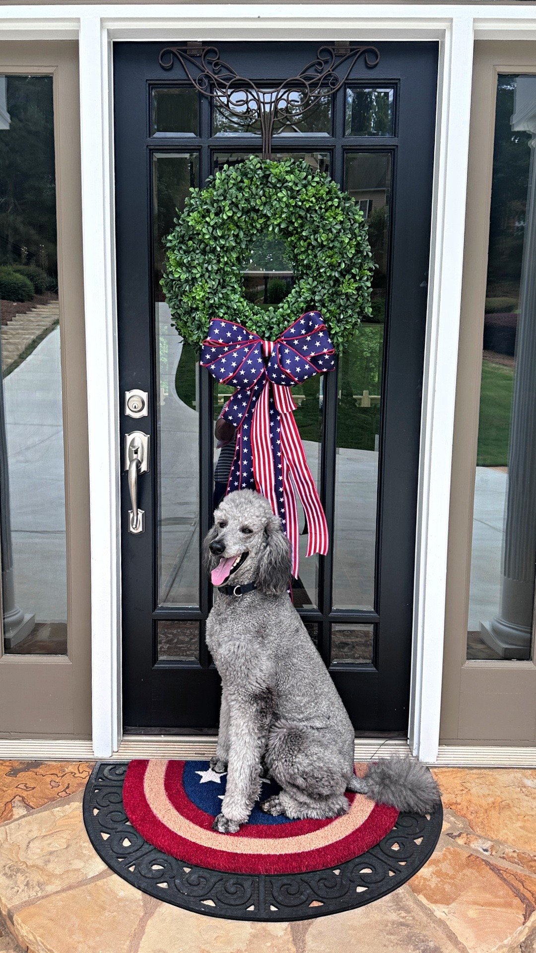Adding a little red, white, and blue to the front door for summer! 🇺🇸 This classic boxwood wreath gets a festive update with a patriotic ribbon, and the flag-inspired rug makes the whole entry feel ready for Memorial Day, the 4th of July, and all the summer celebrations in between. These are some of my favorite easy ways to give your front porch a fresh seasonal look without a lot of fuss. Shop the wreath, ribbon, and patriotic rug through my LTK! ❤️🤍💙

#LTKHome