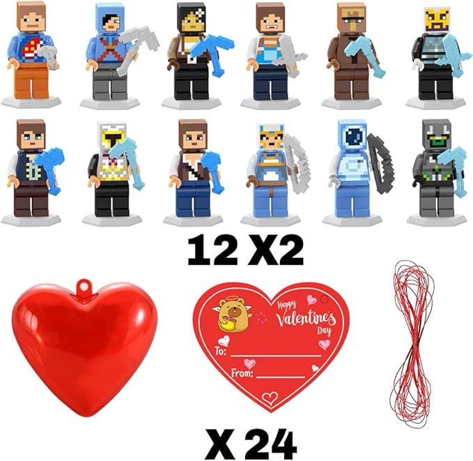 24 Pack Valentine's Day Party Favors for Kids, Red Heart Shape Prefilled Building Blocks with Val... | Amazon (US)