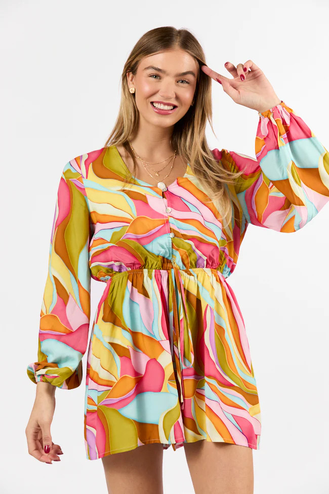 Love Over Fear Multi Print Long Sleeve Wrap Romper | Pink Lily