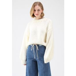 Chunky Chunky Puff Sleeves Cropped Sweater in White | Chicwish