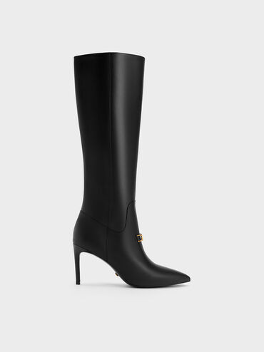 Gabine Leather Heeled Knee-High Boots
 - Black | Charles & Keith US
