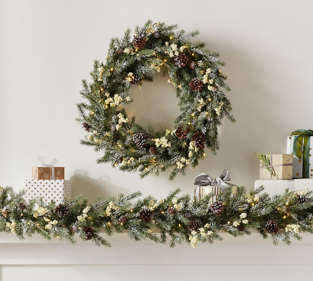 Pre-Lit Faux Frozen Pine And White Berry Wreath &amp; Garland | Pottery Barn (US)