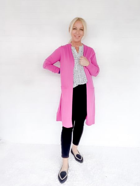 A pop of pink for your Valentines Day workwear outfit!
- Pink long cardigan
- Animal print shell
- Black ankle pants
- washable loafers!

#LTKFind #LTKSeasonal #LTKworkwear