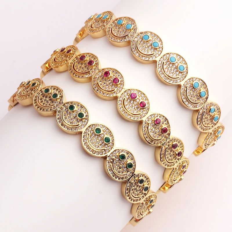 2023 New Simple Smile Smiley Bracelet Copper Gold Plated Cubic Zirconia Round Smile Cuff Bracelet... | AliExpress (US)