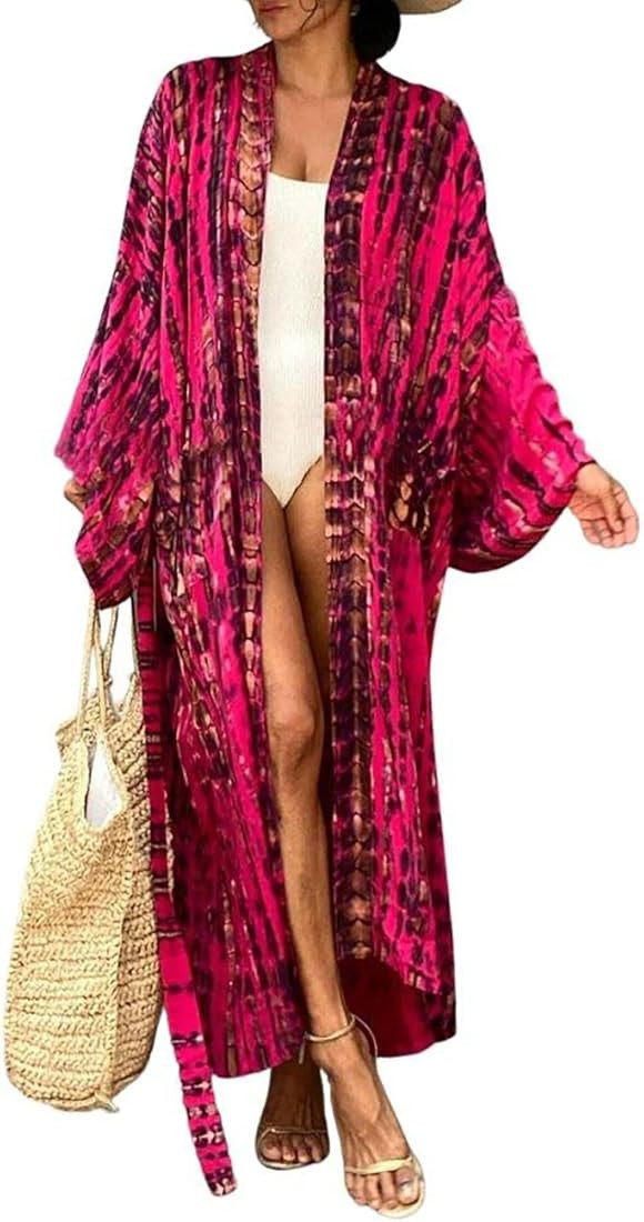 Bsubseach Stylish Tie Dye Open Front Long Kimono Swimsuit Cover up for Women | Amazon (US)