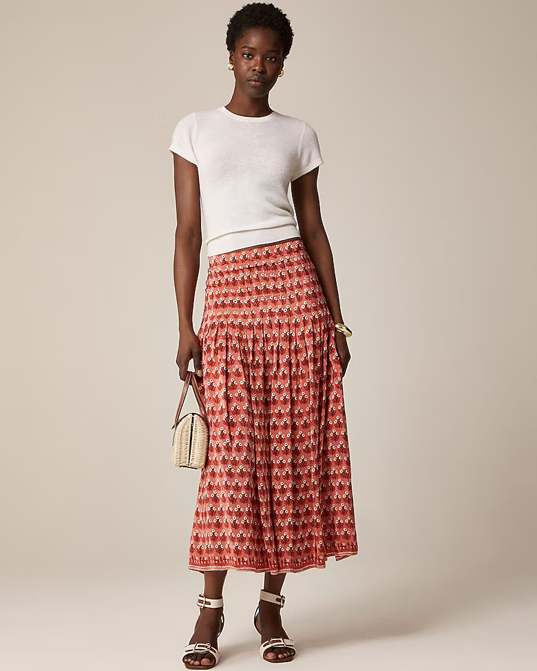 Pleated drop-waist midi skirt in block-print | J. Crew US