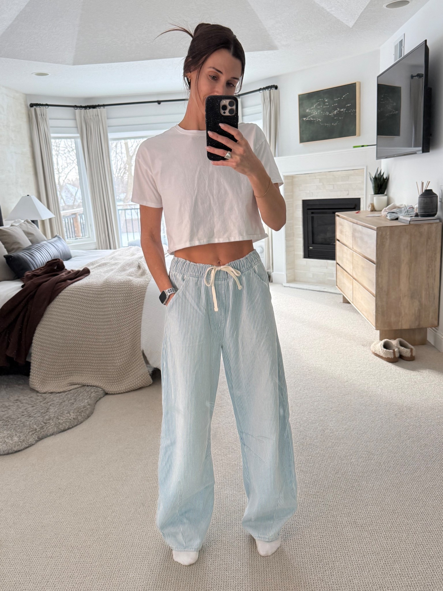 Obsessed with the soft jeans from Gap. Draw string waste, back pockets, I love the baggy look and they are ultra comfy. This is size S, tall, however are a bit too big. I ordered a XS, regular length and will report back on how they fit. Comes in lots of different washes but loved this pinstripe pattern. 

#LTKTall #LTKootd #LTKgrwm