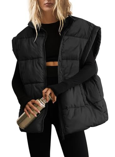 SENSERISE Womens Oversized Puffer Vest Quilted Jacket Bubble Vest Puffy Coats Zip Up Outerwear with Pockets Padded Gilet(Black, S) | Amazon (US)