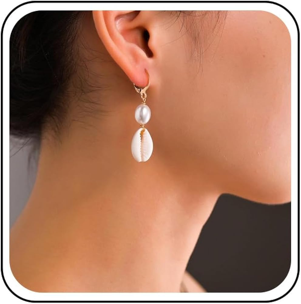 Bohemian Pearl Shell Drop Earrings Gold Pearl Earrings Cowrie Shell Dangle Earrings Natural Seash... | Amazon (US)