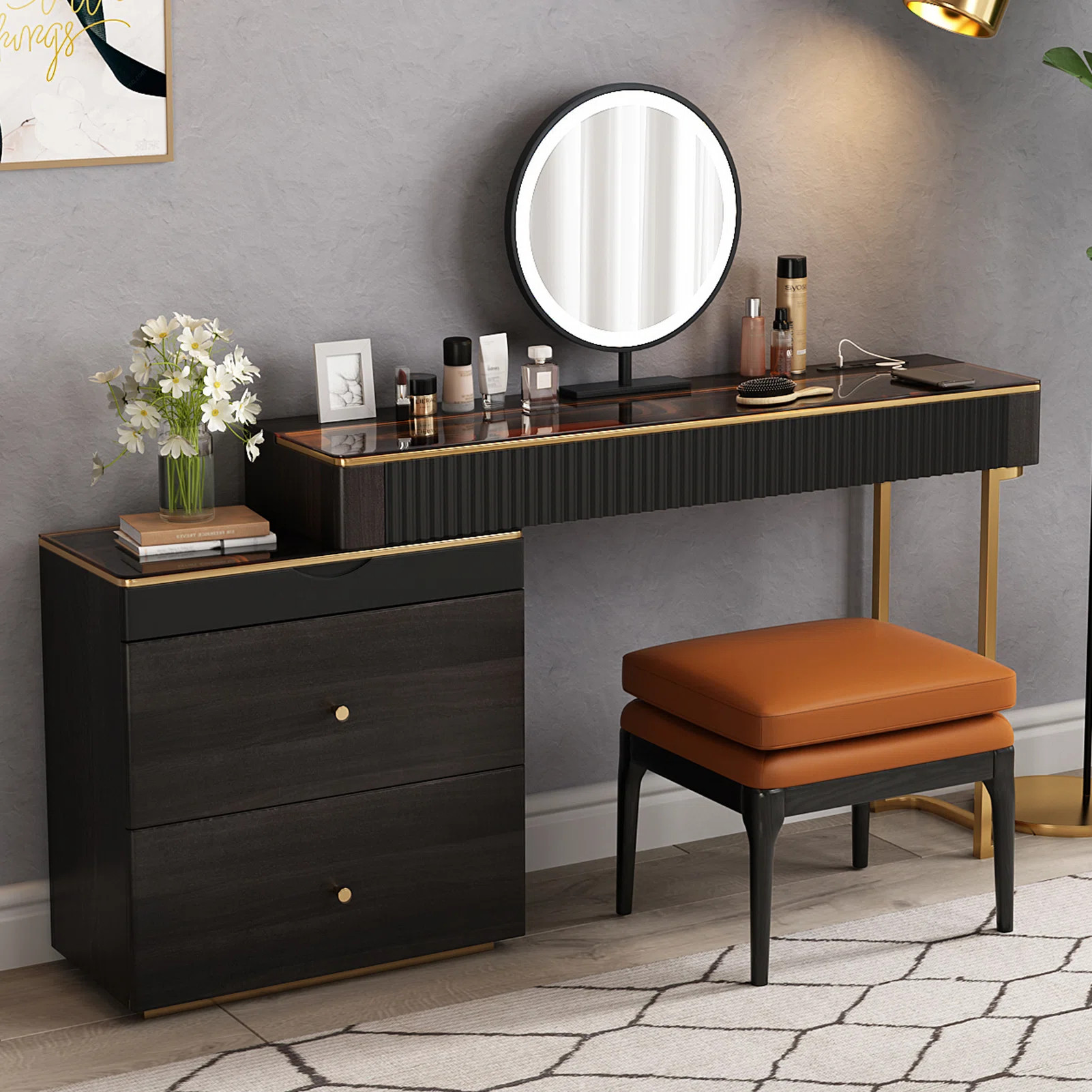 Maurece High-quality Makeup Vanity set,Power Outlet, Glass Top,Very easy to assemble | Wayfair North America