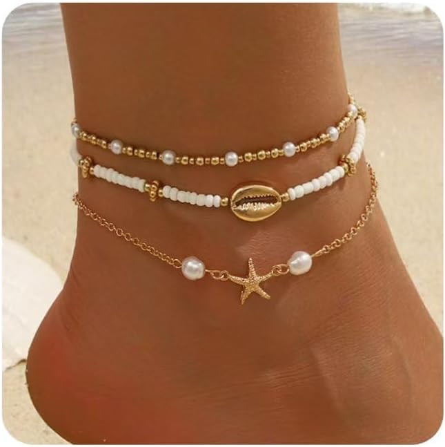 Seashell Ankle Bracelets for Women Starfish Bracelets Layered Boho Puka Shell Anklet Cowrie Shell... | Amazon (US)