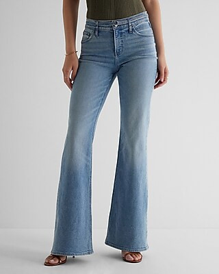 Mid Rise Medium Wash Belted 70s Flare Jeans | Express