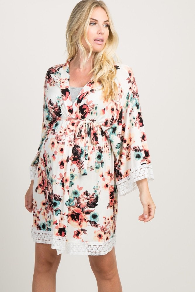 Ivory Floral Lace Trim Delivery/Nursing Maternity Robe | PinkBlush Maternity