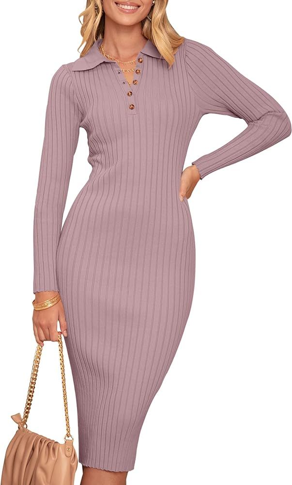 MEROKEETY Womens 2023 V Neck Ribbed Sweater Dress Long Sleeve Bodycon Knit Midi Dresses | Amazon (US)