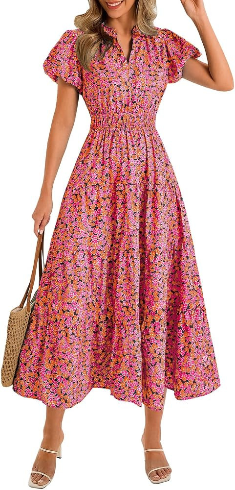 Wenrine Womens Summer Floral Maxi Dress Casual V Neck Puff Short Sleeve Smocked Loose Boho Beach ... | Amazon (US)