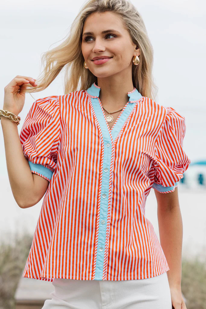 On The Edge Orange Striped Blouse | The Mint Julep Boutique