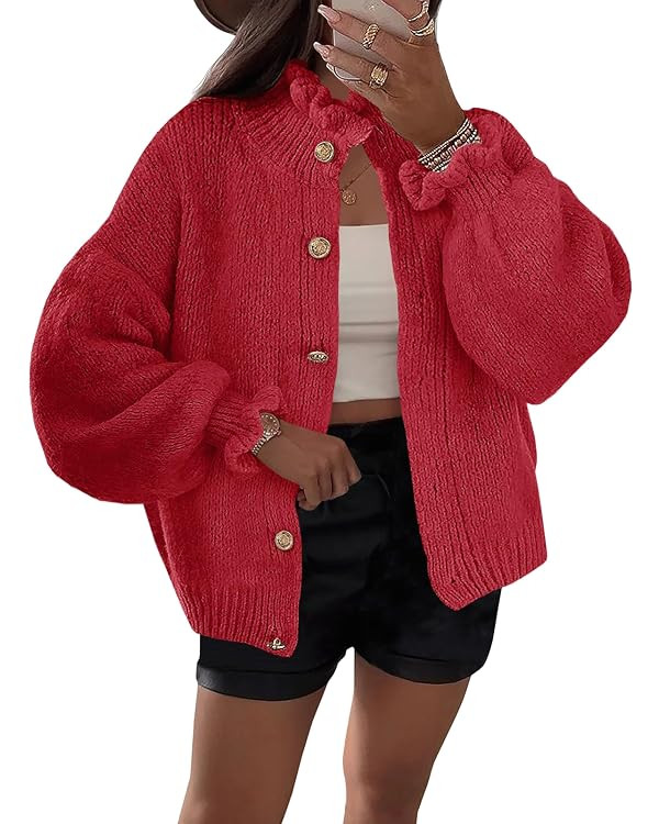 Saodimallsu Womens Ruffle Cardigan Oversized Button Up Fall Trendy Ribbed Knit Open Front Long Sl... | Amazon (US)