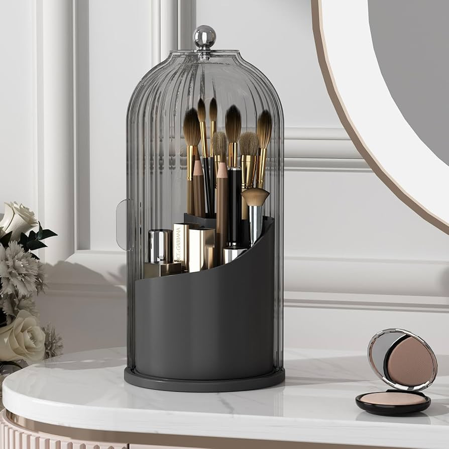 Makeup Brush Holder Organizer with Lid,360 Rotating Clear Dustproof Makeup Brushes Organizer for ... | Amazon (US)