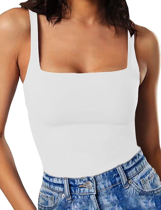 SAUNGKUAI Women's Square Neck Sleeveless Open Back Tank Top Thong Bodysuit | Amazon (US)