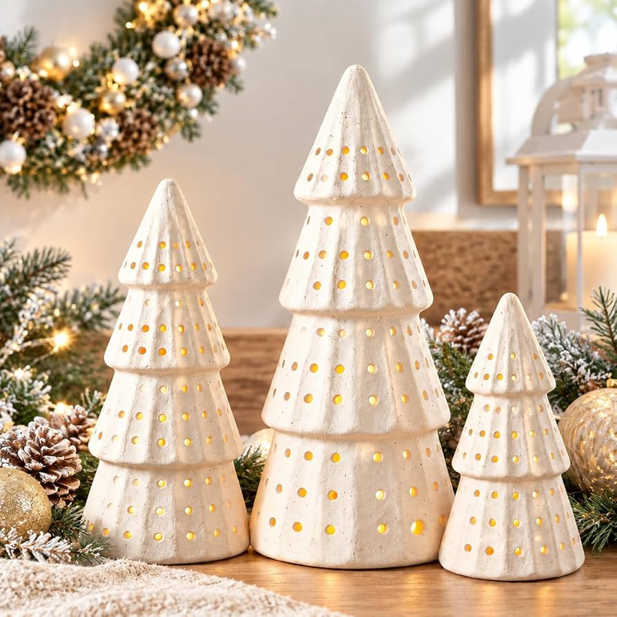 Yungyan 3 Pcs Terracotta Christmas Tree Figurines Rustic LED Lighted | Amazon (US)