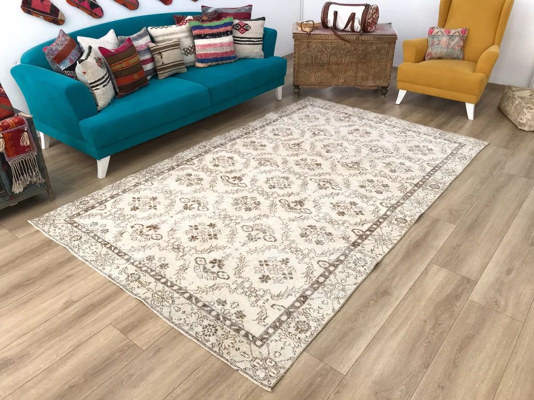 turkish rug, handmade rug, beige rug, floral rug, antique rug, wool rug, oushak rug, boho rug, us... | Etsy (US)