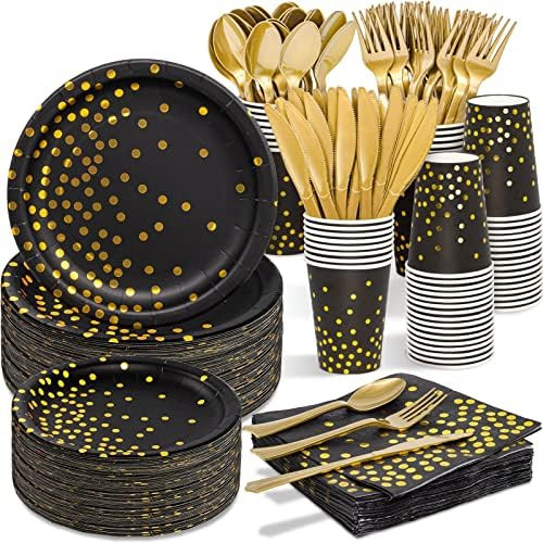 2026 New Years Decorations, 350PCS Black and Gold Party Supplies Disposable Dinnerware Set w/Blac... | Amazon (US)