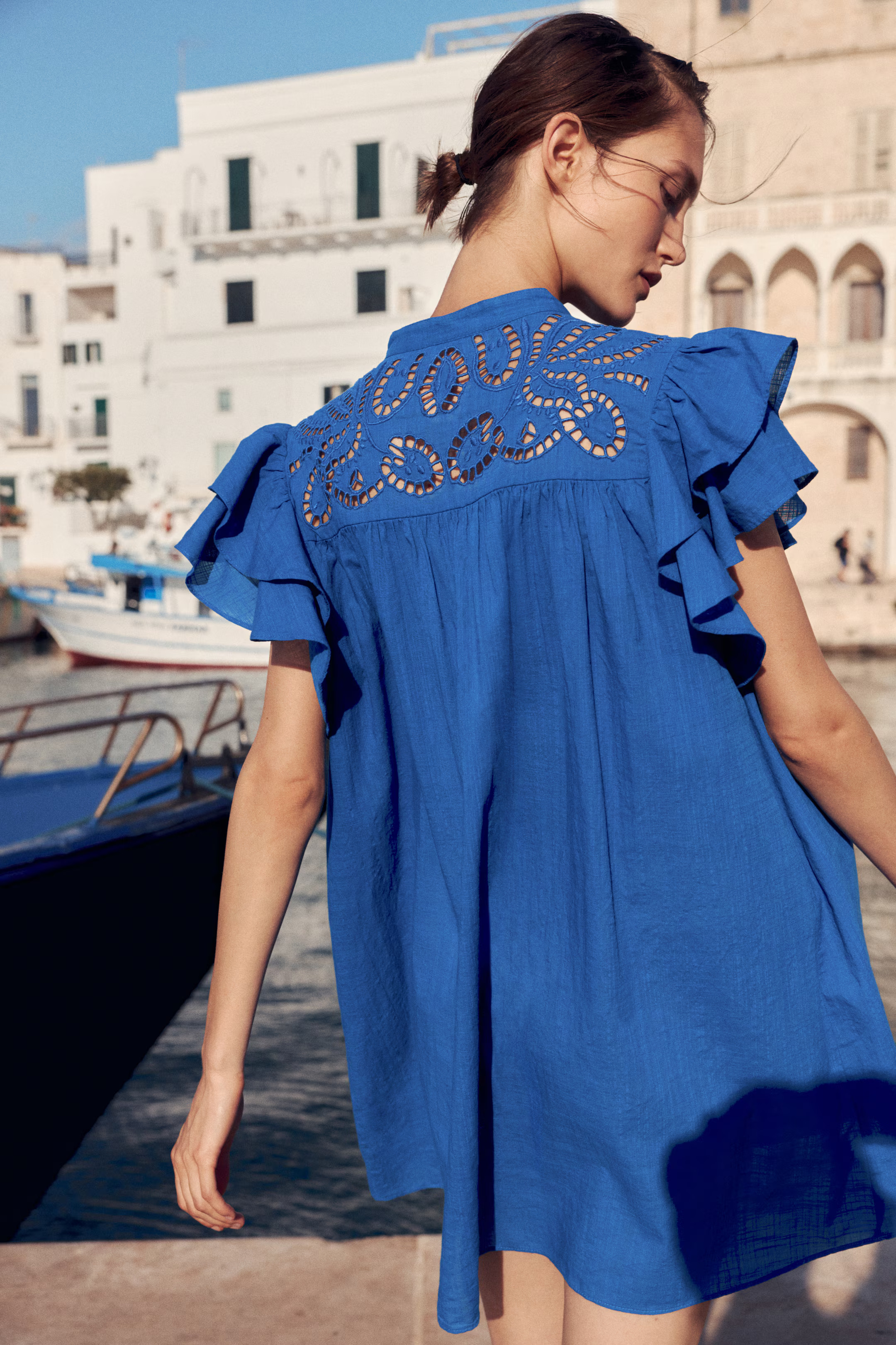 Flutter-Sleeve Dress with Eyelet Embroidery - Bright blue - Ladies | H&M US | H&M (US + CA)