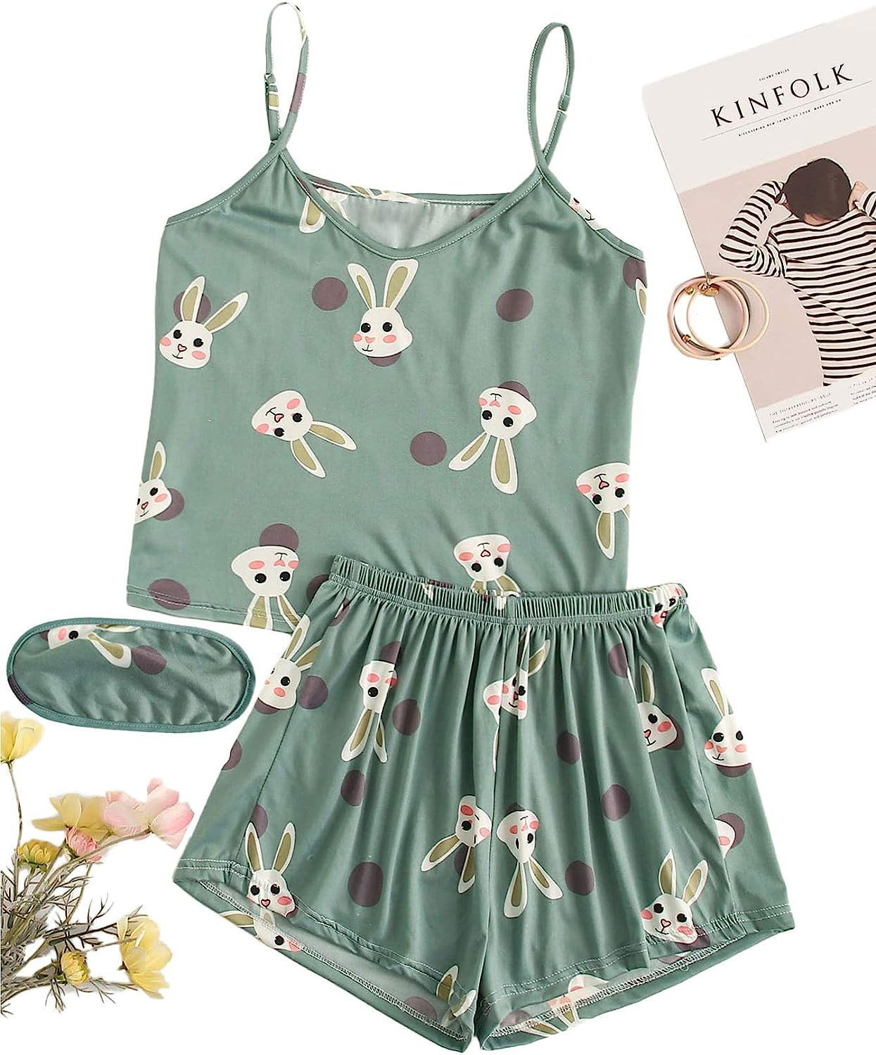 SheIn Women's Cute Cartoon Print Cami Top and Shorts Pajama Set with Eye Mask | Amazon (US)