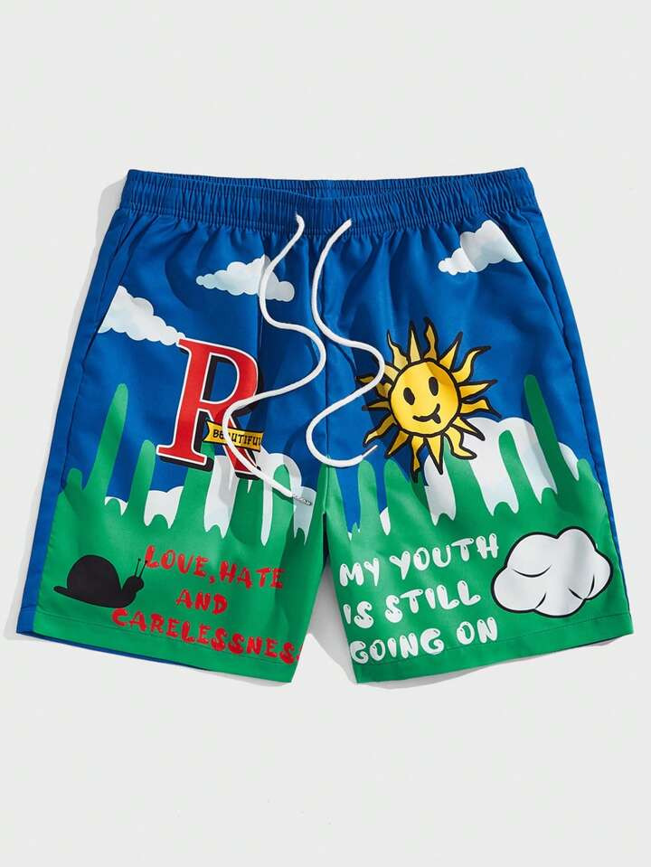 ROMWE Street Life Guys Slogan & Cartoon Graphic Drawstring Waist Shorts | SHEIN