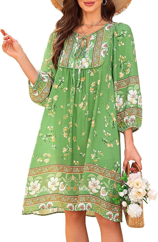 Qearal Women's Casual V Neck 3/4 Sleeve Boho Floral Printed Loose Short Flowy Summer Beach Vacati... | Amazon (US)