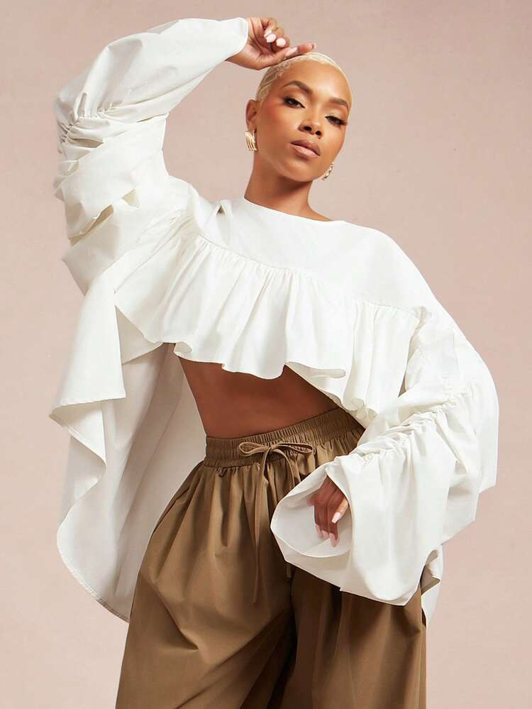 Vixey Solid Woven Ruched Hi Low Hem Ruffle Top | SHEIN