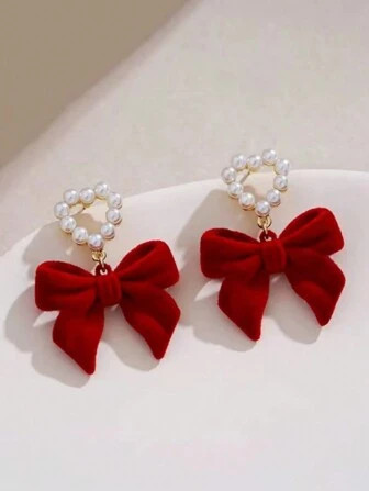 Trends1 Pair Red Bowknot Pearl And Heart Shape Earrings, Flocked Ear Accessories, Elegant For Wom... | SHEIN