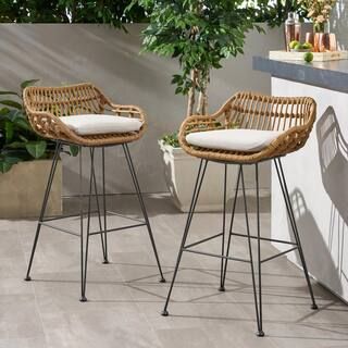 Dale Light Brown Faux Wicker Outdoor Bar Stool with Beige Cushions (2-Pack) | The Home Depot