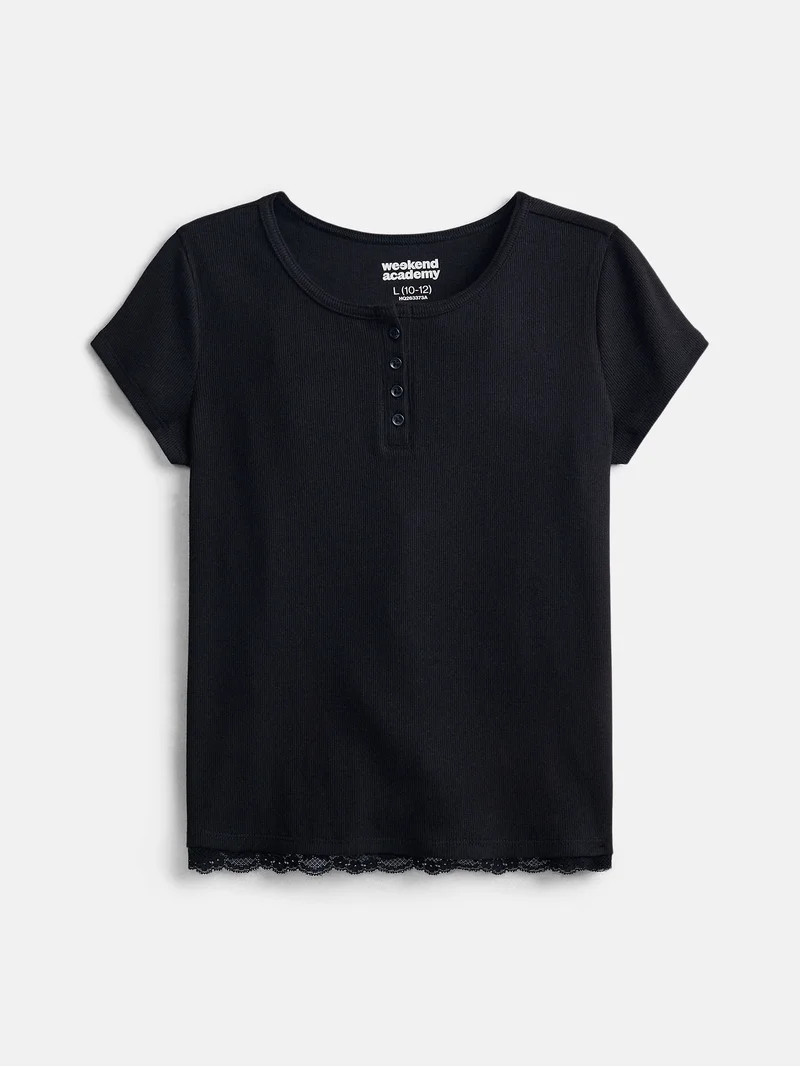 Weekend Academy Girls Henley Tee with Lace Trim, Sizes 4-18 | Walmart (US)